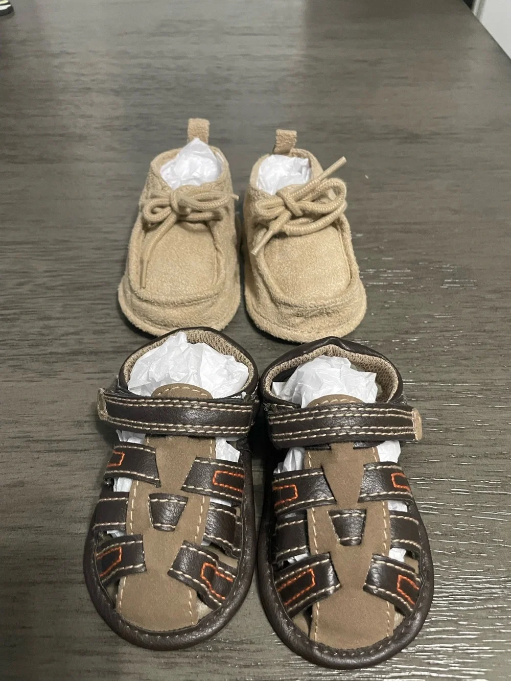Set of Koala Kids Beige Suede Moccasins size 2 & Brown Sandals size 3